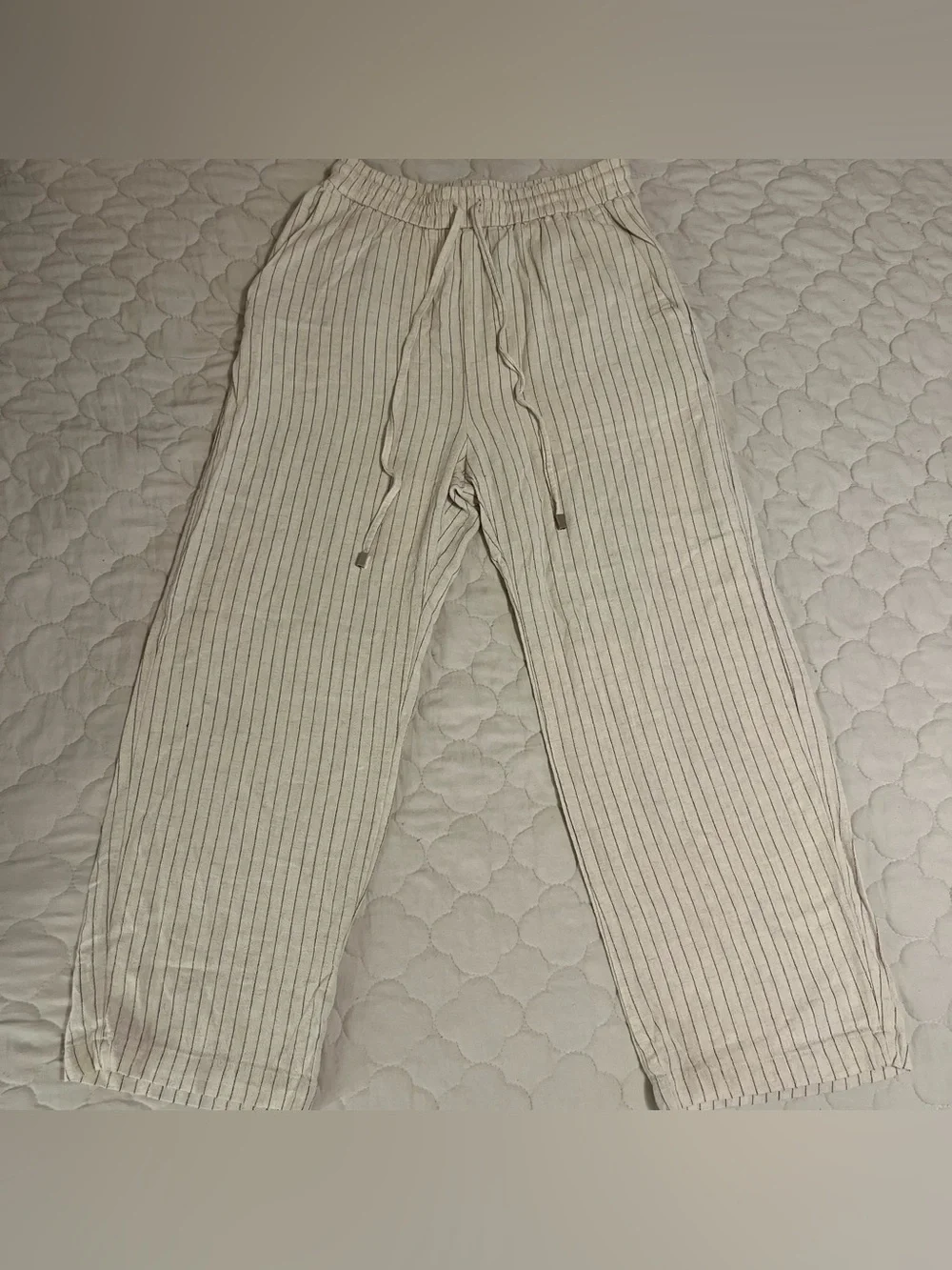 Zara Cream / Off White & Blue Vertical Striped Linen Blend Straight Leg Pants